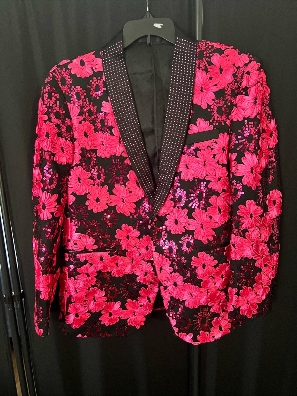 Black Blazer with Fuchsia Floral Embroidery and Studded Shawl Collar